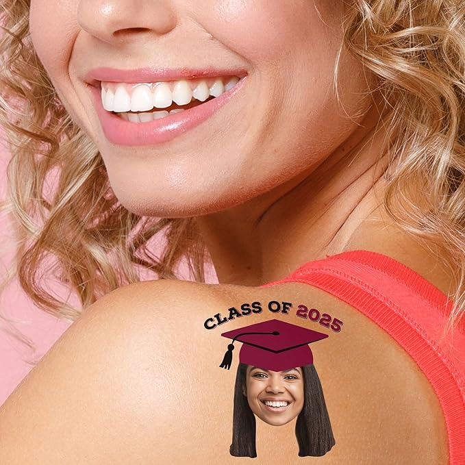 Big Dot of Happiness Custom Photo Maroon Grad Cap, Personalized Burgundy Graduation Party Favors, Fun Face Temporary Tattoos, Set of 12