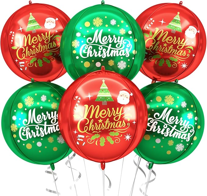 Xmas Foil Balloons Red Green Merry Christmas Printed, 6 Pcs Xmas Round Balloons, 22 Inch Big Round Foil Balloon For Christmas Party Decorations