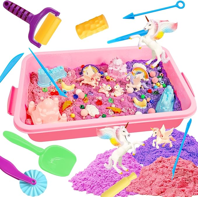Bbiamsleep Unicorn Sensory Bin, 493 Pcs Unicorn Sand Kit with Sandbox Color Sensory Sand 6 Castle Mould 9 Tools for Birthday Party