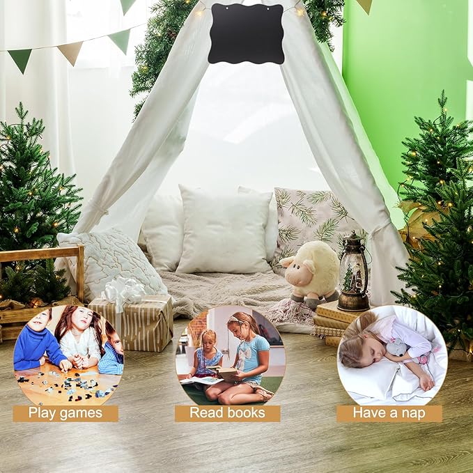 6pcs Teepee Tents Set with Markeable Small Blackboards and 10FT String Lights, Foldable Indoor Outdoor Play Teepee Tent for Girls & Boys, for Birthday Party Boho Sleepovers Party (White)