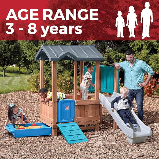 Step2 Woodland Adventure Playhouse & Slide, Kids Outdoor Playset, Backyard Playground Set, Swings, Storage Drawer, Made of Wood & Durable Plastic, Outside Jungle Gym, for Children 3-8 Years Old