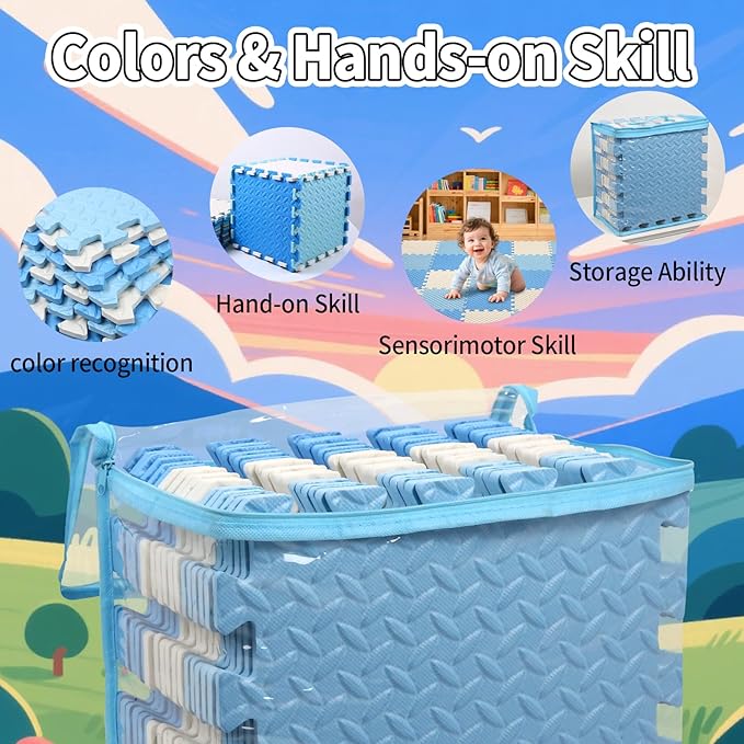 Foam Play Mat for Baby, 0.4 Inch Thick Foam Interlocking Floor Mats, Soft Non-Toxic Baby Playmat, Solid Colored Puzzle Play Mat Kids Floor Mats for Toddler, 16 Tiles(White/Light Blue/Blue)