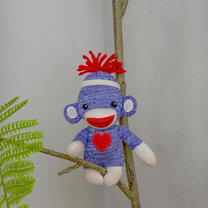 Plushland Adorable Sock Monkey, The Original Traditional Hand Knitted Stuffed Animal Toy Gift-for Kids, Babies, Teens, Girls and Boys Baby Doll Present Puppet 6 Inches (Blue)