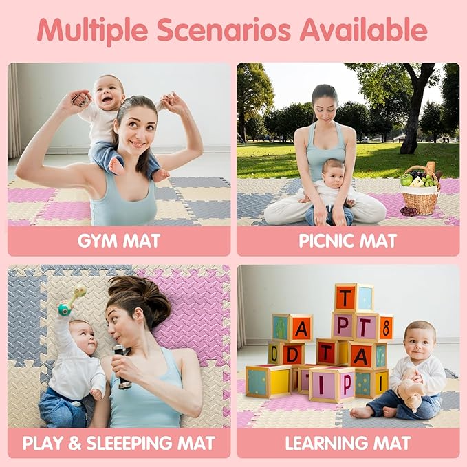 Foam Floor Mat, Solid Colored Play Mat, Non-Toxic Interlocking Foam Puzzle Floor Mats, 0.4" Thick Square Kids Playmat丨47x47 Play Mat for Playpen (Beige/Gray/Pink)