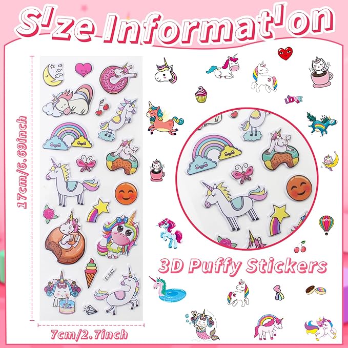36 Sheets Unicorn Stickers for Kids - 900+ 3D Puffy Stickers Fantasy Theme | Magical, Rainbow, Stars | Reusable, Waterproof | Crafts, Journals, Party Favors