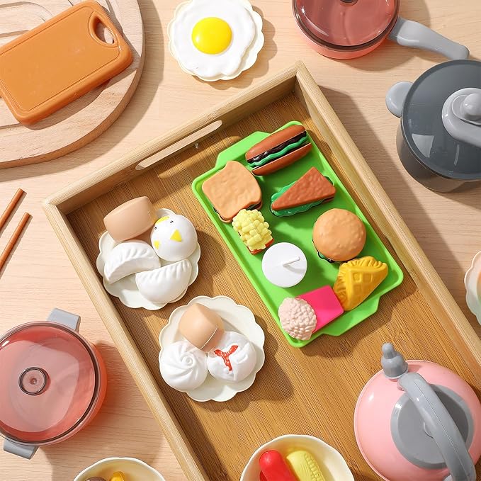 UPKOCH 86-Piece Interactive Kids Kitchen Playset with Electric Stove & Pressure Cooker - Pretend Play Cooking Toys for Toddlers, Cutting Vegetables & BBQ Grill Roleplay (Pink)