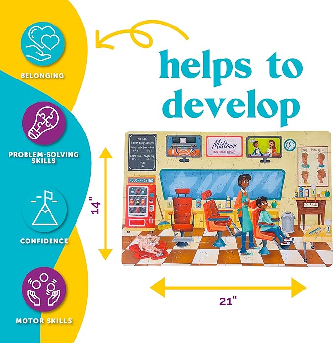 Upbounders® 48 Piece Jumbo Floor Puzzle for Kids | Barbershop Beginner Puzzle | Pretend Play & Learning Toy for Boys Girls Ages 4 5 6 | Black Brown Boy at The Barber (Multicultural)