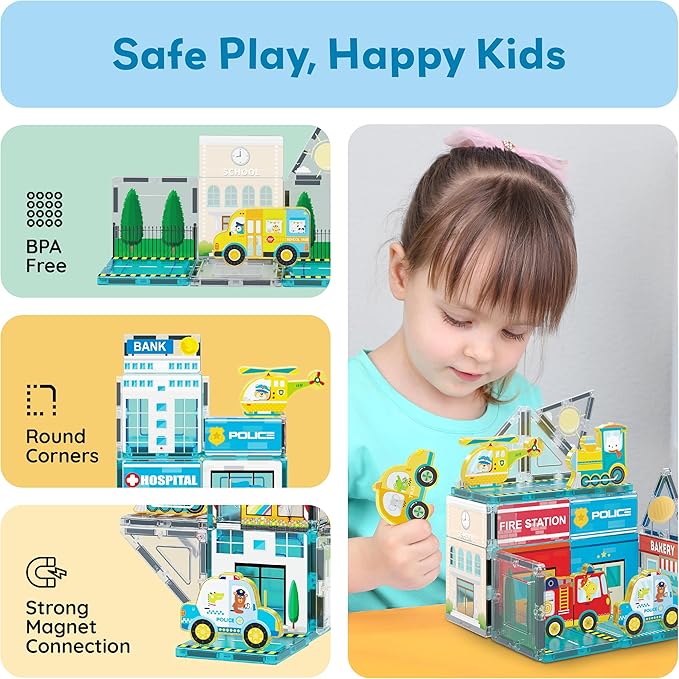 PicassoTiles Magnet Tile Building Blocks Metro City Themed Playset with 8 Character Action Figures Magnetic Tiles STEM Learning Early Education Toy Construction Set Toddlers Boys Girls Ages 3+ PTQ24