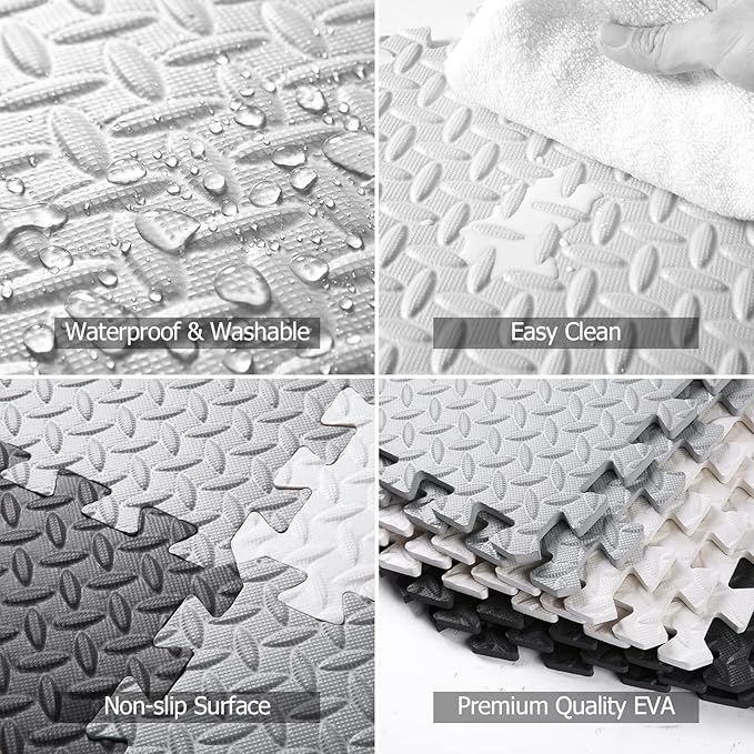Foam Play Mat for Baby, 0.4 Inch Thicked Interlocking Floor Mats with Solid Colors, Soft Non-Toxic Baby Playmat, EVA Foam Playmat Foam Mats for Toddlers, 16 Tiles(White/Black/Gray)