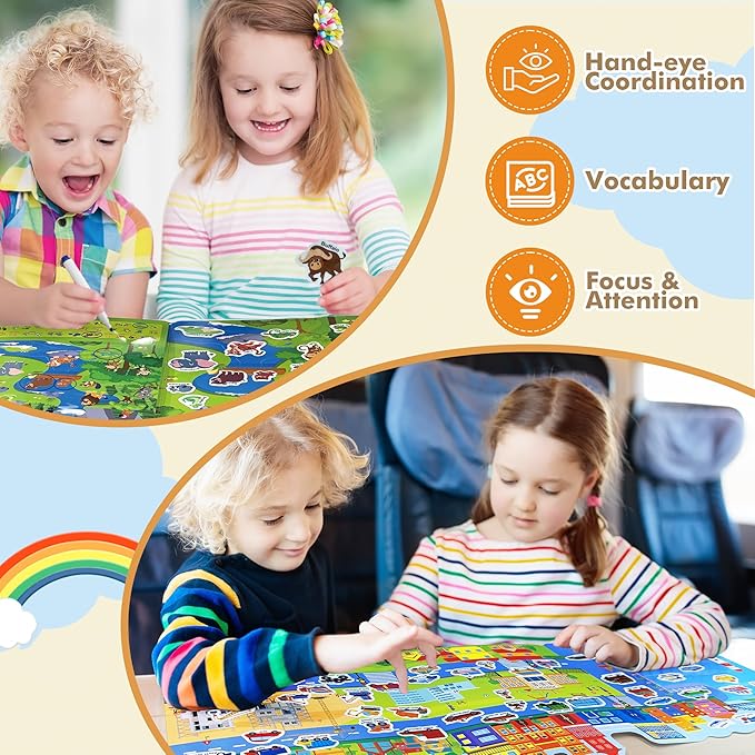 Reusable Sticker Books with 100 PCS Jelly Stickers, 2 Sets Toddler Activity Book for Girls Boys, Toddler Craft Activities-Safari, Vehicles