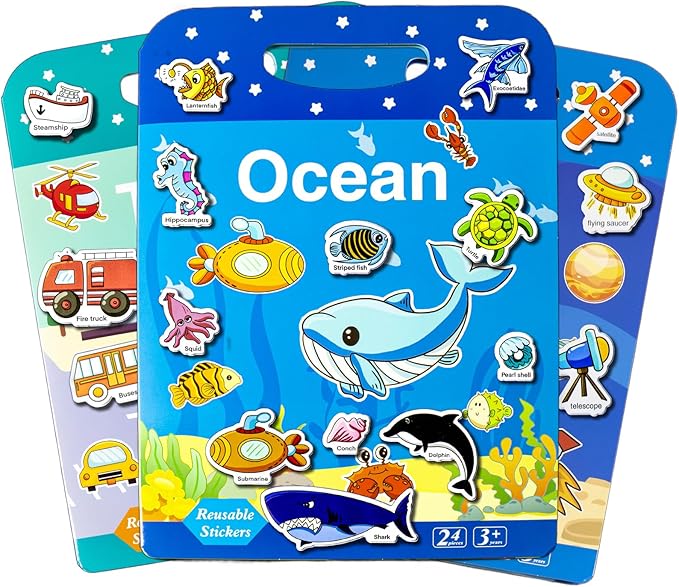 3 Pack Reusable Sticker Books for Kids, Waterproof Puffy Stickers - Match The Shape and DIY Scene, Toddler Travel Essential Quiet Time Activities Toys - Ocean, Vehicles and Space (2-6 Age)