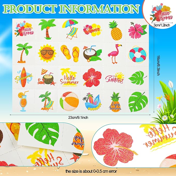 Landhoow 240 Pcs Summer Hawaiian Tattoos Temporary Glitter Face Tattoos Cool Body Sticker Costume Accessory Tattoos Party Favor