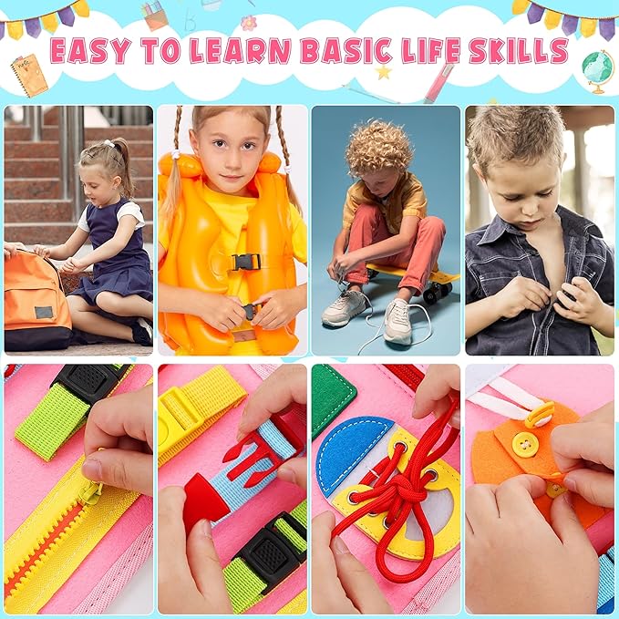 AIXMEET Toddler Busy Board Montessori Toys, Sensory Board Busy Book, Toys for Toddlers 3456 Year Old, Preschool Learning Activities with Life, Shape,Color,Animal,Weather,8 Pages (Pink)