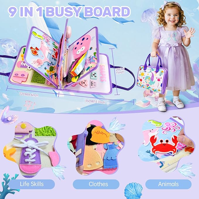 Toddler Busy Board Montessori Toys for Girls Birthday Gift, Sensory Busy Book Educational Learning Activity Board for Toddler Girls, Travel Activities Toys for Airplane Car