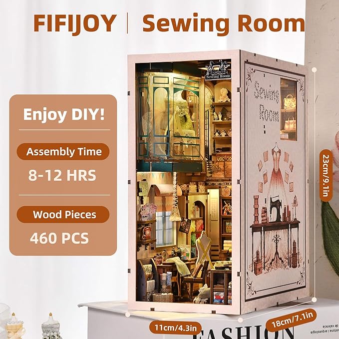 Book Nook Kit - DIY Miniature House Dollhouse Kit for Adults and Teens, Booknook Tiny House Bookshelf Decor 3D Wooden Puzzle, Gifts for Family Friends (Sewing Room)