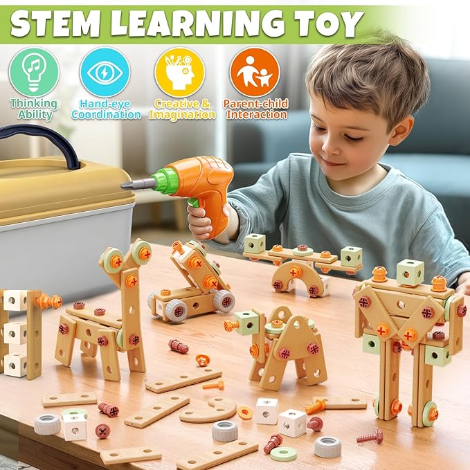 YongnKids 158 Pcs Kids Tool Set with Drill, Construction STEM Building Blocks with Storage Box Educational Tool Kit Pretend Play Kid Toy for Kids Age 3 4 5 6 7 8 Years Birthday Gift