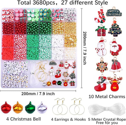 3680pcs Christmas Polymer Clay Beads Charms for Bracelets Making Kit Christmas Tree Snowman Santa Claus Snowflakes Bells Socks elk Friendship DIY Arts Crafts Gifts for Kids Girls