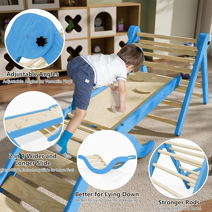 Pikler Triangle Set Climber 5 in 1, Toddler Climbing Toys Indoor Folding with Ramp & Arch & Mat for Montessori Play Gym for Toddlers and Kids (Blue)(105" Wx25 Dx31.5 H)