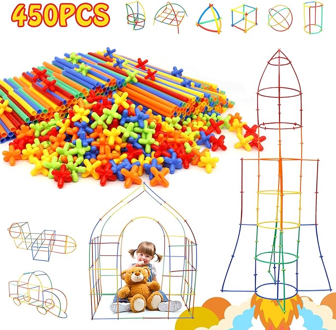 Creative Straw STEM Building Toys 450Pcs Aged for 3-5 5-7 Preschool Kids Constructor Toy Thin Tube Toy DIY Educational Interlocking Plastic Engineering Toys Kit for Boys and Girls