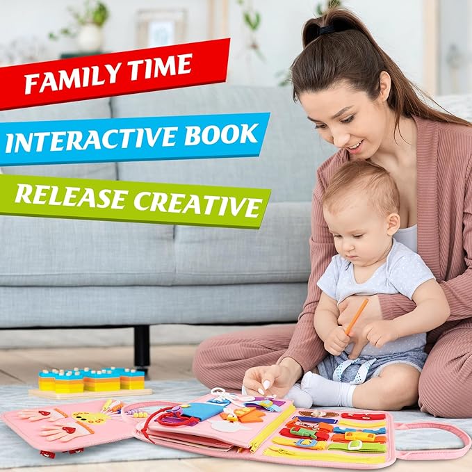 Montessori Busy Board & Busy Book for Toddler – Educational Toys for 3 Year Old Girls, Sensory Activity Board, Fine Motor Skills Learning Gift