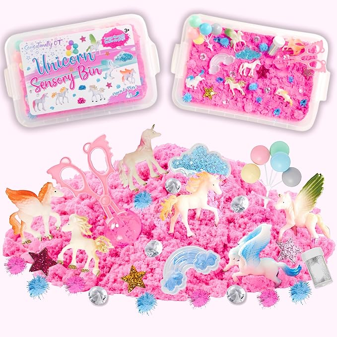 Premium 38 PCS Unicorn Sensory Sand Bin-2 lb Magic Sand, Sensory Bin for Toddlers & Sand Scooper-Count Sparkly Pom-Poms, Bring Unicorns to Life - Ideal Gift for Kids
