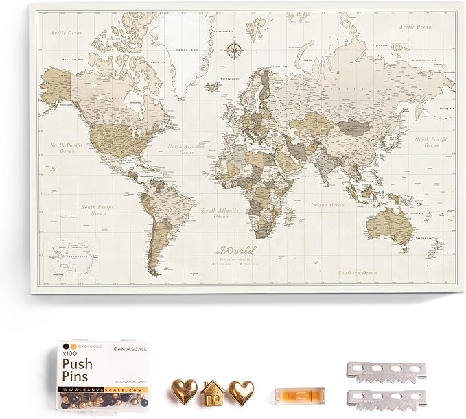 Canvas World Map with Cork Pin Board - English Lettering - Decorative Wall Decoration for All Rooms - Canvas Pictures with World Map Motif (90x60 cm, Pattern 8)