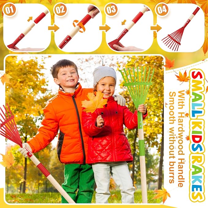Suclain 4 Pcs Kids Rake with Hardwood Handle Small Child Size Multicolor 28'' Mini Rake for Leaves Lightweight for Children Garden Leaf Yard Tools Gifts