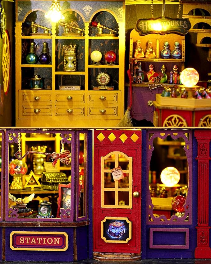 Miniature House Kit Magic Energy Station, DIY Dollhouse Kit for Adults & Teens, Tiny House Craft Decor with LED Lights, Wooden Mini Model Gift for Birthdays & Holidays