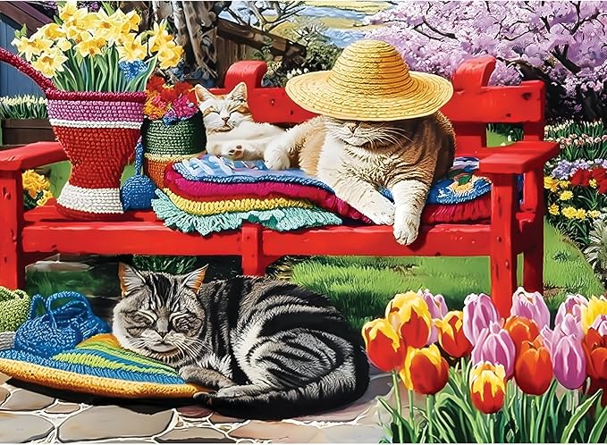 500 Piece Puzzles for Adults, Cats Napping on Red Bench 500 Piece Puzzle, Cat & Garden Jigsaw Puzzle, Perfect for Family Game Night, Home Wall Decor, Ideal Gift for Adults, Kids, Seniors, 20.5 x 15 in