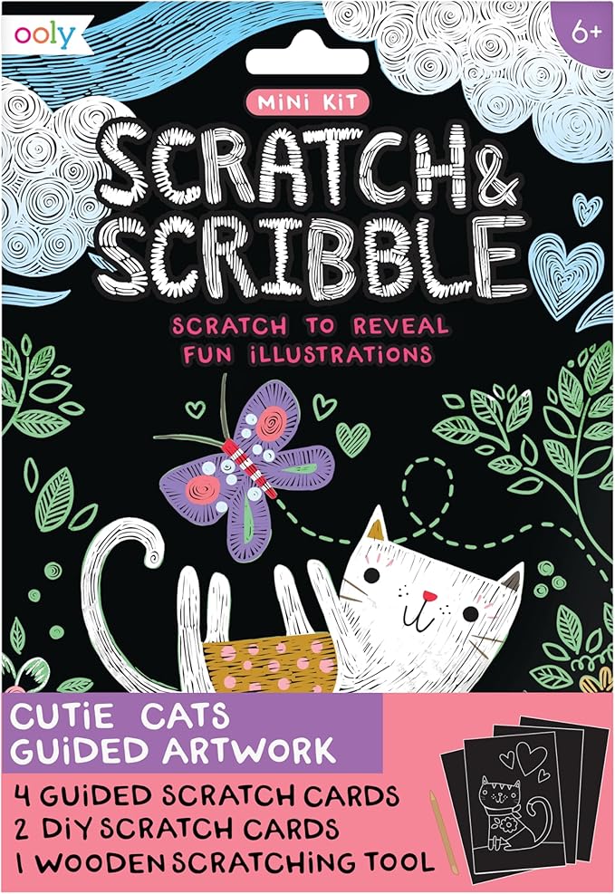 Ooly Mini Scratch & Scribble Art Kit - 6 Card Rainbow Scratch Art Set Gifts for Kids, Travel-Friendly Craft Kit, Wooden Tool Included - Cutie Cats