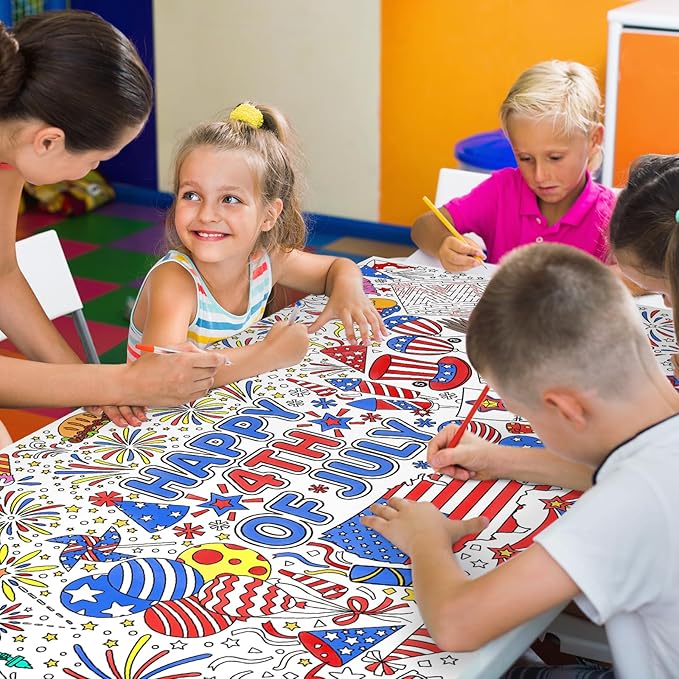 Gatherfun 4th of July Coloring Tablecloth | Patriotic Giant Poster 31.5x72 | Ideal for Independence Day Decor & Activities | American Flag-Themed for Classroom Wall or School Party Table Cover