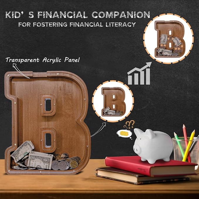 Wooden Letter Piggy Bank for Kids Larger Letter Piggy Bank for Boys and Girls Personalized Piggy Bank Initial Coin Bank Wood Kids Money Bank for Birthday and Festival