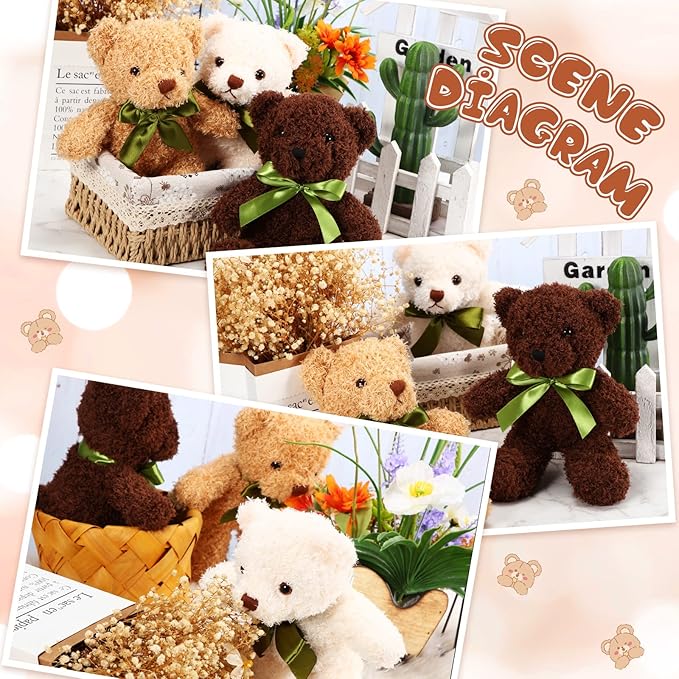 HyDren 6 Pcs Bear Stuffed Animal Plush Toys Soft Plush Dolls Bear Sleeping and Playing Toys for Baby Shower Decoration Boy(Fuzzy Style,White, Brown, Dark Brown)