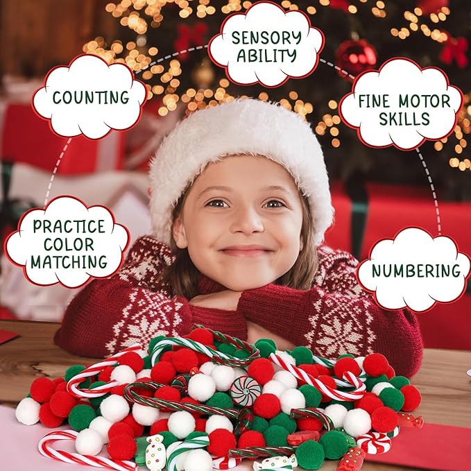 136 Pcs Christmas Sensory Bin Items Candy Cane Counting Sorting Sensory Bin Filler Fine Motor Toys Candy Cane Counts for Kids Xmas Counting Toys for Preschool Education Activities