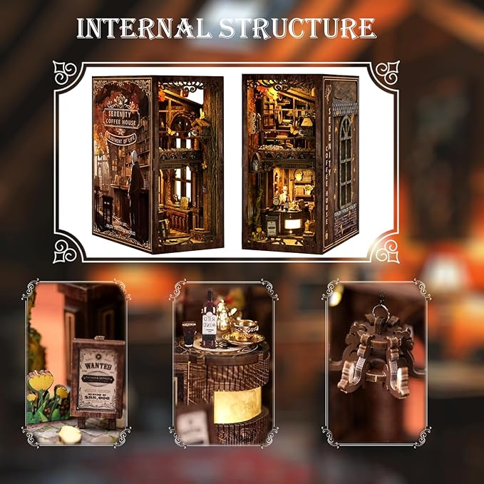 DIY Book Nook Kit 3D Puzzles for Adults Miniature House Kit Wooden Bookends Booknook Bookshelf Insert Decor with LED Lights Wood Crafts Gifts for Book Lovers - Serenity Coffee House