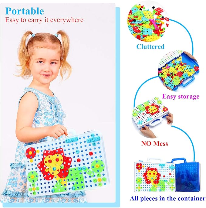 STEM Design and Drill Toy for Kids Ages 3-8, 193 Pcs Electric Drill Toy,Creative Building Toys,Magic Montessori Play Toolbox for Toddler Boys Girls Preschool,STEM Toys for 3 4 5 6 7 8 Year old