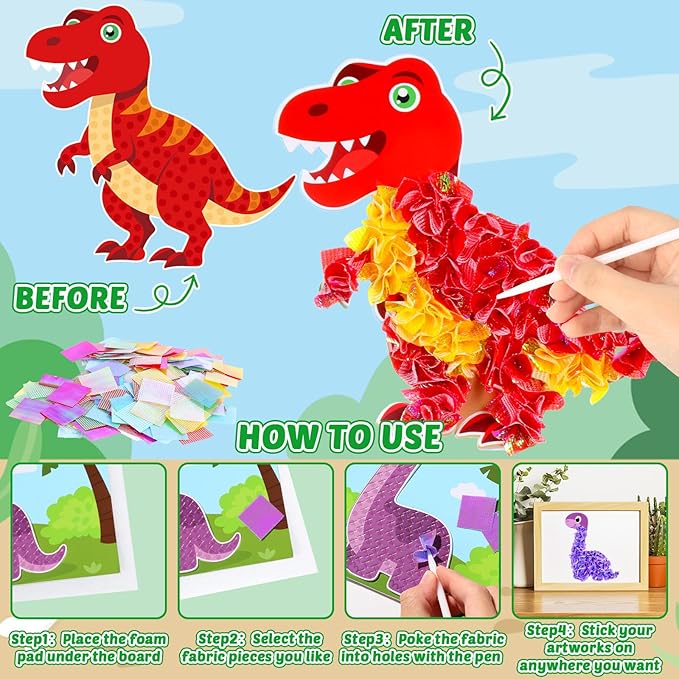 8PCS Poke-in Craft and Art Kit for Kids Dinosaur Theme No-Mess Fabric Sewing Art for Girls Boys 4-12 Fabric Puzzle Puncture Painting Dino Toy Gifts for Creative Activity Game Birthday Party