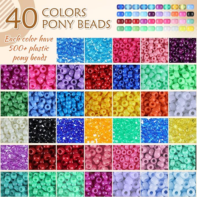 21000 Pcs Pony Beads Bulk 6 x 9 mm Plastic Kandi Beads for Bracelet for Multicolor Craft Making Rainbow Necklace Jewelry Key Chain DIY Braids(40 Colors)