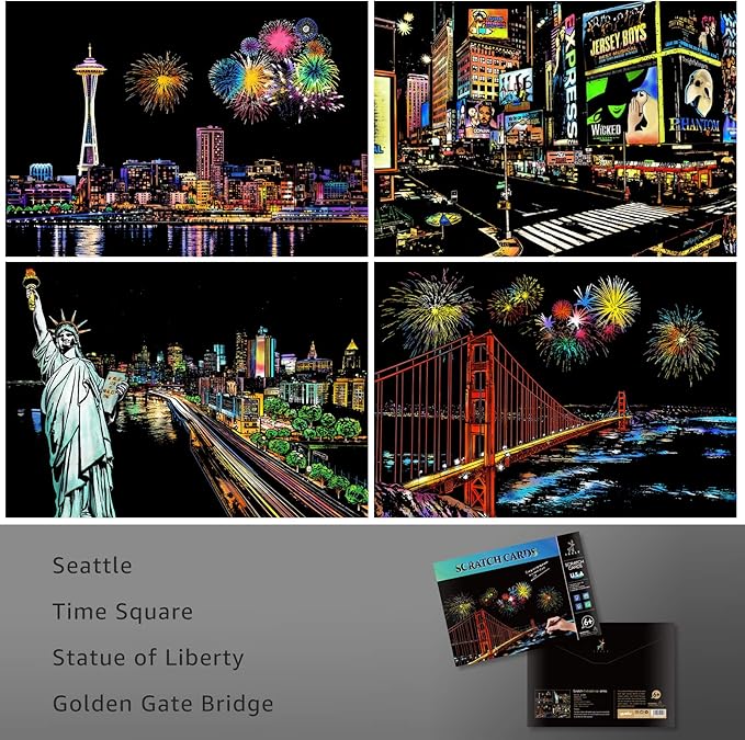 Scratch Art for Teens & Adults, Rainbow Engraving Painting Landscape Scratchboard(A4) Crafts Set: 8 Sheets with 4 tools - New York, Statue of Liberty, Golden Gate Bridge, Manarola (America / Europe)
