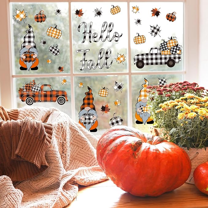 Whaline 9 Sheet Fall Halloween Window Clings Plaid Gnome Pumpkin Truck Maple Leaf Reusable Window Decals for Autumn Thanksgiving Harvest Party Home School Decor