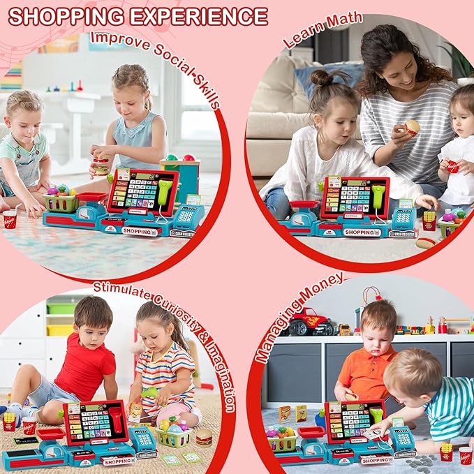 63PCS Cash Register for Kids, Kids Cash Register with Real Calculator, Pretend Play Store with Music/Motorized Conveyor/Play Money/Food Toys, Learning Toys for Boys Girls 3+, Red