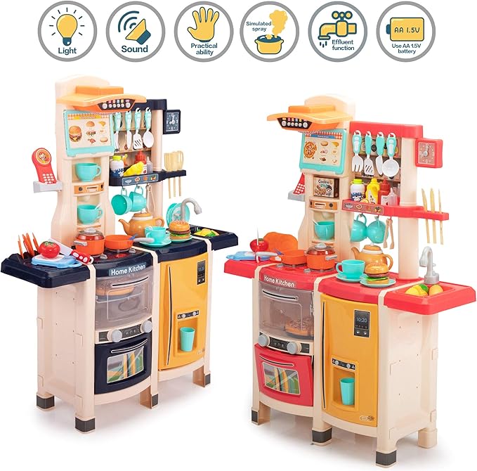 SANDINRAYLI 65Pcs Kids Kitchen Playset, Kitchen Toys, Large Toddler Play Kitchen Sets for Kids Ages 4-8, Pretend Toddler Kitchen for Girl & Boy 3-5, Baby Kitchen with Simulated Sound, Light, Blue