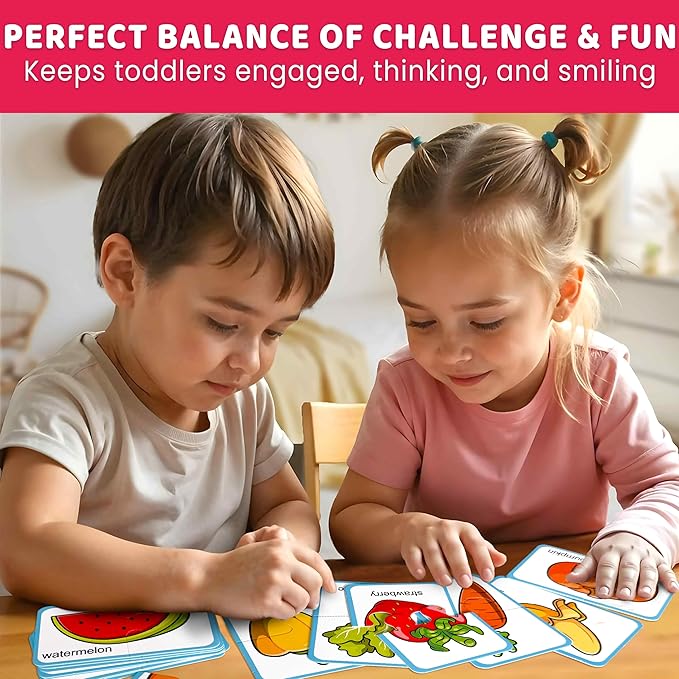 QUOKKA Toddler Puzzles Ages 2-4 – 100% Self-Correcting 16 Matching Pairs of Fruits Veggies – Educational Toddler Puzzles Ages 1-3 with 32 Pieces - Memory Matching Games for 3-5 Years Old Boys & Girls