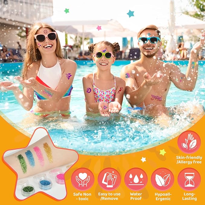Glitter Tattoo Kit, Bledras 30 Colors Temporary Tattoo Set for Girls, 147 Stencils, 4 Brushes, 2 Glue, Glitter Tattoos for Kids or Adults, for Girls Boys, Carnival Birthday Festival Party