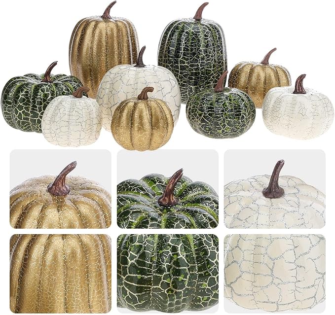 9 Pcs Pumpkins for Decorating,Fall Decorations,Artificial Foam Pumpkin for Autumn Harvest Thanksgiving Halloween Table Decor (Green&White&Gold)