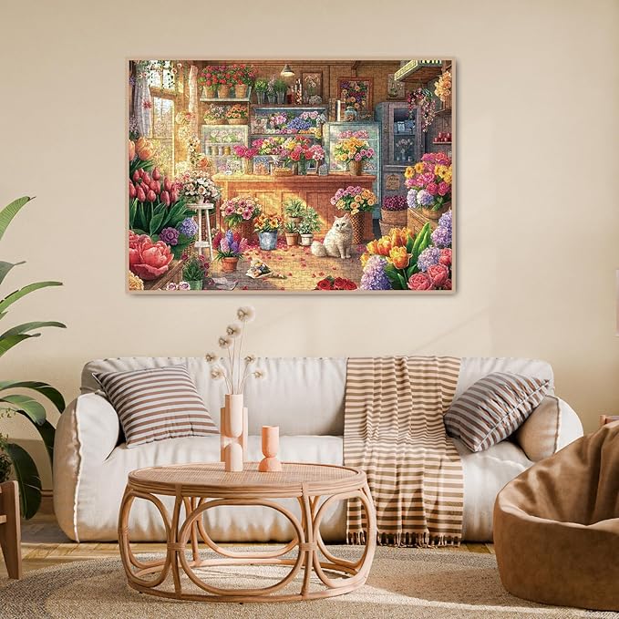 Flower Colorful Shop Puzzle 1000 Pieces for Adults, Spring Floral Plant Cabin Jigsaw Puzzle, Vintage Garden Cat Nature Puzzles