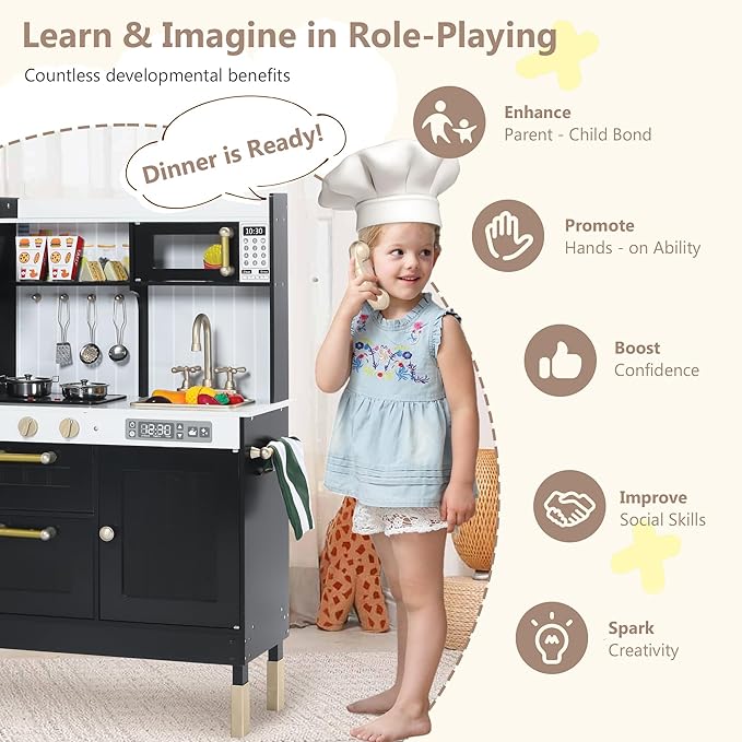 Kinder King Wooden Kids Play Kitchen, Kitchen Playset for Toddler Kid, Play Kitchen Toy Set w/Real Sounds, Pretend Microwave Oven, Ice Maker, Telephone, Gift for Boys Girls Age 3+,Black
