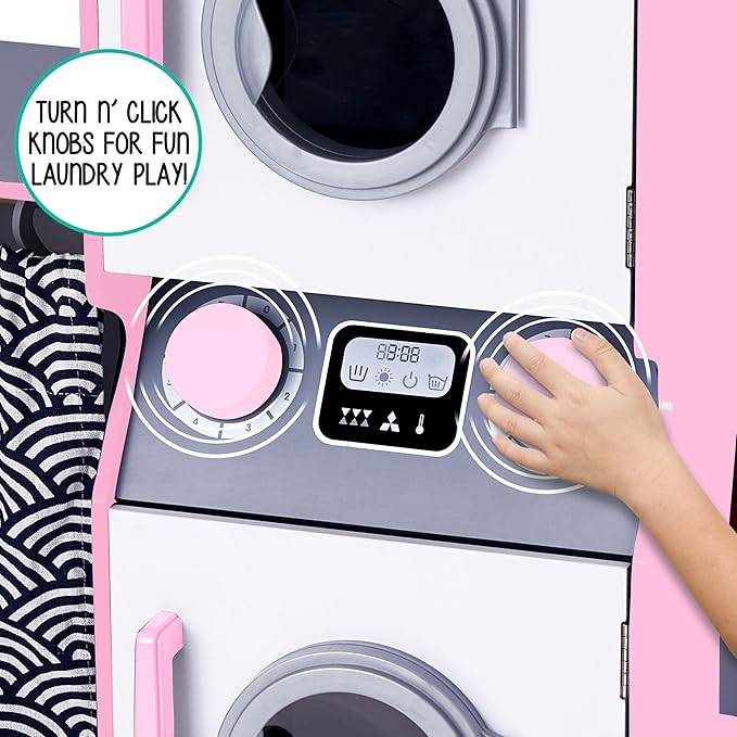 Lil’ Jumbl Kids Washer and Dryer Playset, Wooden Children's Pretend Laundry Set, Includes Broom, Dustpan, Iron, Hangers & Basket, Realistic Laundry Room for Kids - Pink