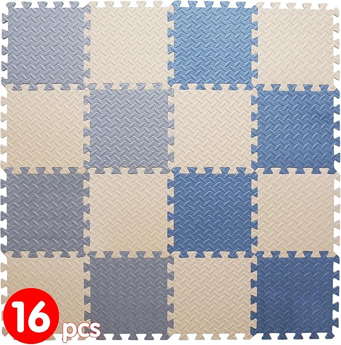 Play Mat for Babies, Solid Colored Foam Floor Mat, Non-Toxic Interlocking Puzzle Floor Mats, 0.4" Thick Square Kids Playmat丨47x47 Play Mat for Playpen (Beige/Gray/Gray Blue)