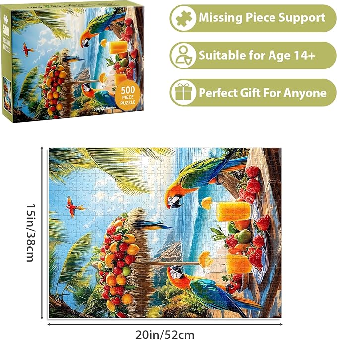 Puzzles for Adults 500 Pieces, Fruit Parrot Beach Puzzle, Tropical Ocean Summer Jigsaw Puzzle 500 Piece for Adults Kids Seniors, Perfect for Game Night Giving Puzzle Family Friends, 20.5x15 in